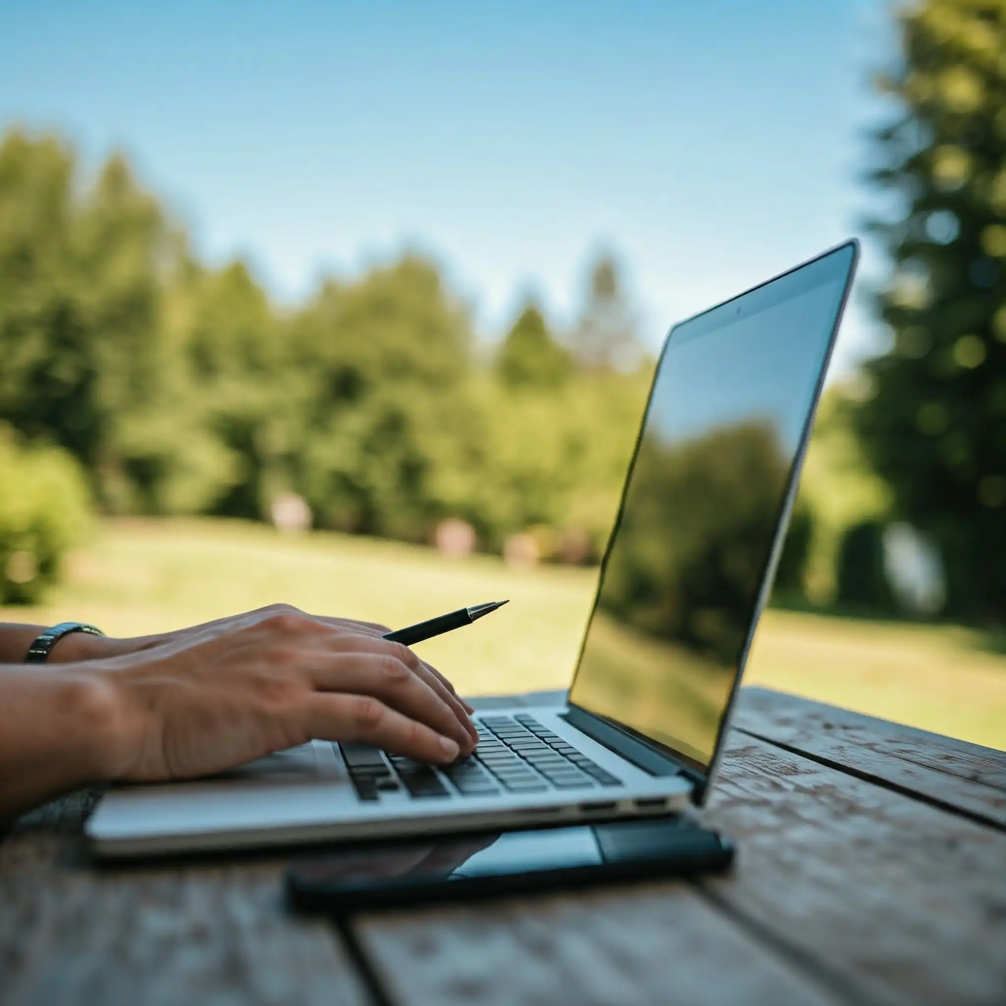 Persona trabajando en su laptop al aire libre